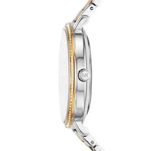 Side profile of Michael Kors Pyper MK4595 women's quartz battery watch showing 7mm slim thickness and silver finish