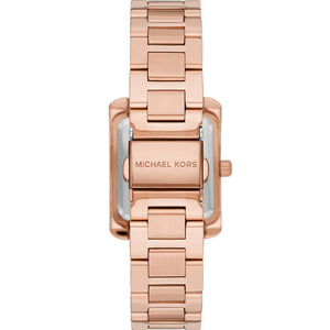 Caseback of Michael Kors Emery MK4641 showing technical specs white dial and rose gold metal bracelet