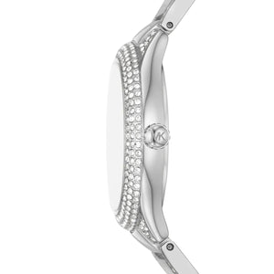 Side profile of Michael Kors MK4657 showing slim silver case and crystal lugs