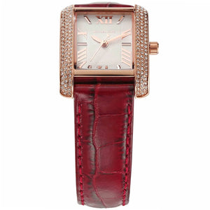 Perspective photo of Michael Kors MK4689 showing the side profile and red leather strap