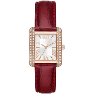 Authentic real-life photo of Michael Kors MK4689 showing red leather strap and rectangular crystal bezel