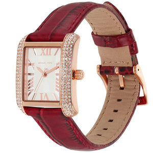 Angled real-life photo of Michael Kors MK4689 showing the rose gold case and crystal detail