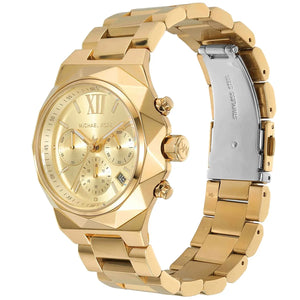 Right angled view of Michael Kors Raquel MK4690 women's quartz battery watch highlighting faceted gold finish and chronograph detail