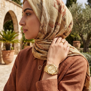 Elegant woman wearing Michael Kors Raquel MK4690 women's quartz battery watch with architectural gold-tone case luxury style watch