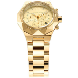 Left angled view of Michael Kors Raquel MK4690 women's quartz battery watch showing gold-tone stainless steel bracelet and case profile