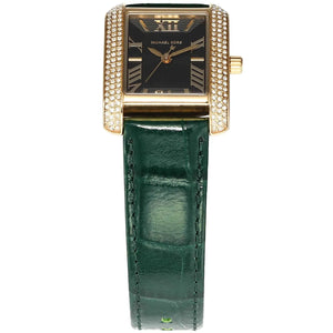 Angled front view of Michael Kors MK4697 showing the rectangular rose gold bezel and green strap