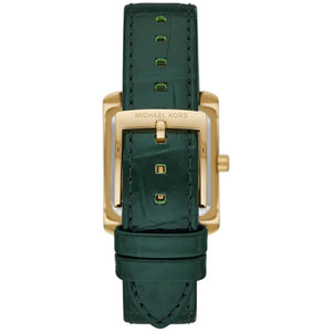 Rose gold-tone stainless steel pin buckle clasp on the green leather strap of MK4697