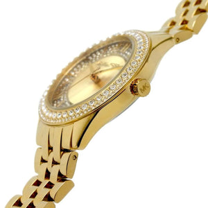 Side profile of Michael Kors Harlowe MK4709 women's quartz battery watch showing 9mm thickness and gold finish