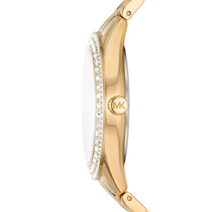 Side profile of Michael Kors Harlowe MK4709 women's quartz battery watch showing 9mm thickness and gold finish