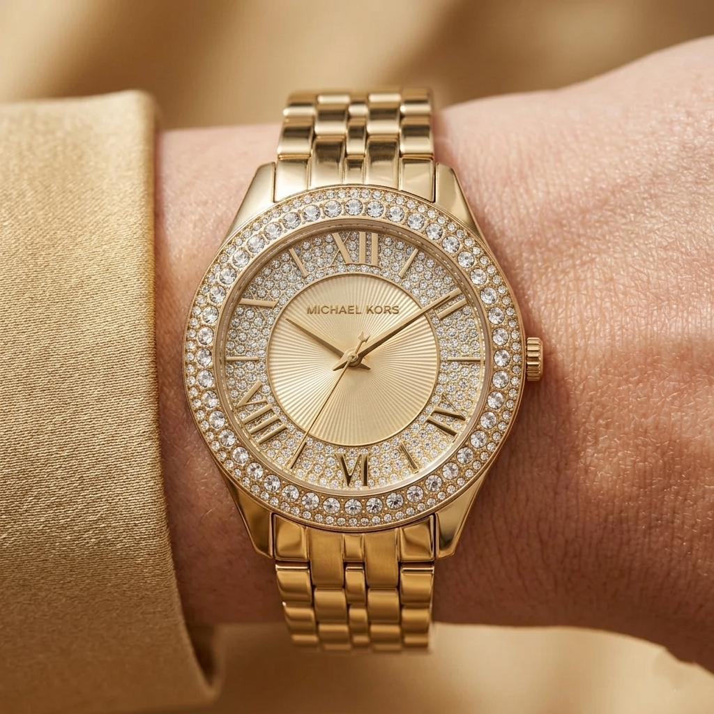 Close up of Michael Kors Harlowe MK4709 women's quartz battery watch on wrist showing crystal pave dial and gold metal bracelet