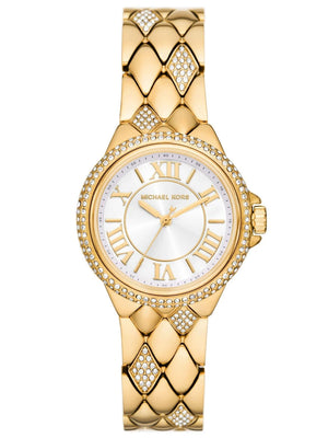 Gold watch with diamond-studded bracelet on a white background