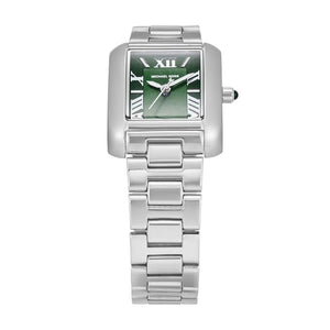 Angled real-life photo of Michael Kors MK4832 showing the polished silver tank case and green dial
