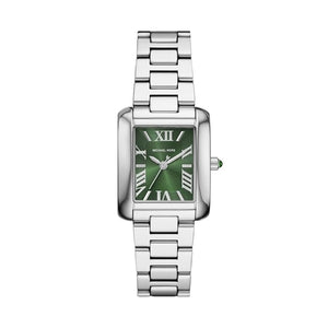 Authentic real-life photo of Michael Kors MK4832 showing actual silver finish and emerald green dial