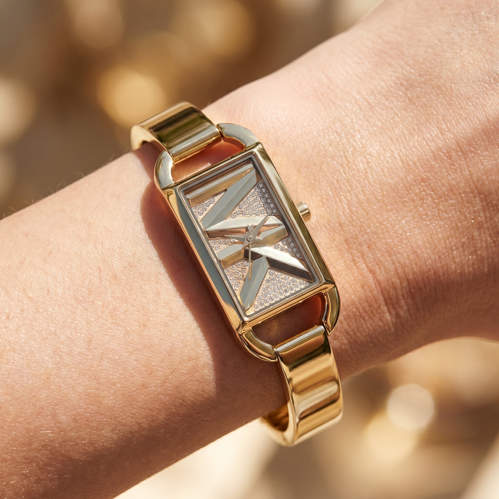 Close up shot of Michael Kors MK4840 on wrist showing the gold rectangular case and crystal dial2