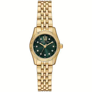 Michael Kors Lexington Mini MK4842 women's watch featuring 26mm gold-tone case, emerald green dial, and crystal markers