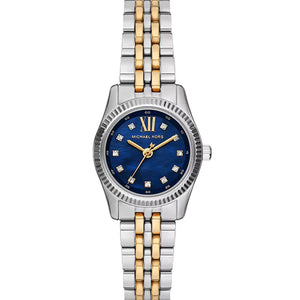 Michael Kors Lexington Mini MK4865 women's watch featuring 26mm two-tone case, silver bezel, and navy blue mother-of-pearl dial