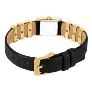 Gold-tone stainless steel buckle clasp on the black leather strap of MK4887