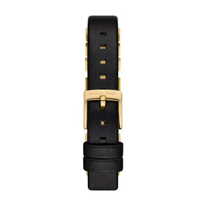 Inside view of the secure buckle and genuine leather branding on Michael Kors Darrington watch