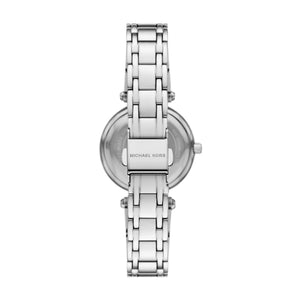 Caseback of Michael Kors Lennox MK4894 women's quartz battery watch showing technical specs grey mother of pearl dial and silver metal bracelet