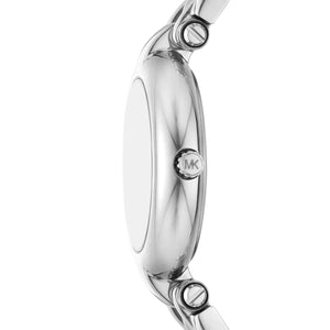 Side profile of Michael Kors Lennox MK4894 women's quartz battery watch showing 8mm slim thickness and silver finish