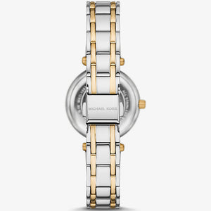 Caseback of Michael Kors Lennox MK4895 showing technical specs white mother of pearl dial and two-tone metal bracelet