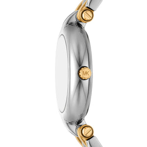 Detailed view of gold-tone crown on Michael Kors Lennox MK4895 with white mother of pearl dial and metal bracelet