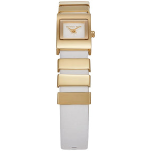 Right side profile view of the slim gold-tone square case on the Michael Kors Darrington watch