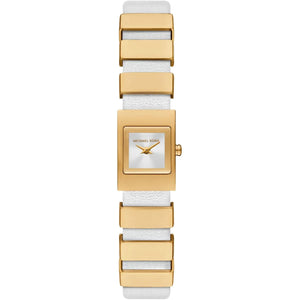 Michael Kors Darrington MK4899 women watch with gold square case and white leather link strap