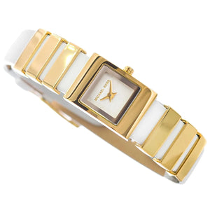 Angled front view of Michael Kors MK4899 highlighting the unique gold links on the white strap