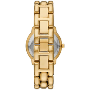Stainless steel case back view of the Michael Kors MK4923 showing model details and 5 ATM water resistance