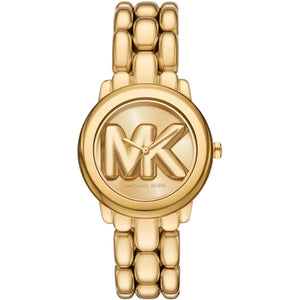 Michael Kors Phoebe MK4923 women watch with scalloped gold case and 3D MK logo dial
