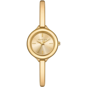 Michael Kors gold-tone bangle watch with a round bezel, matching gold dial, and integrated bracelet on a white background.