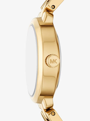 Right side profile view of the slim gold-tone case showing the MK crown on the Michael Kors MK4955
