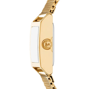 Side view photo of Michael Kors MK4959 showing rectangular case thickness and gold crown detail