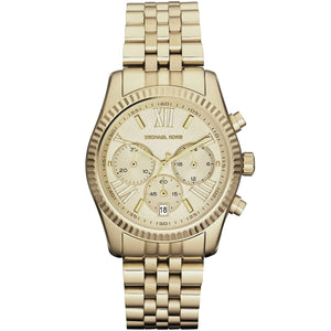 Michael Kors Lexington MK5556 women's quartz battery watch with gold dial, gold-tone fluted bezel, gold stainless steel bracelet main view