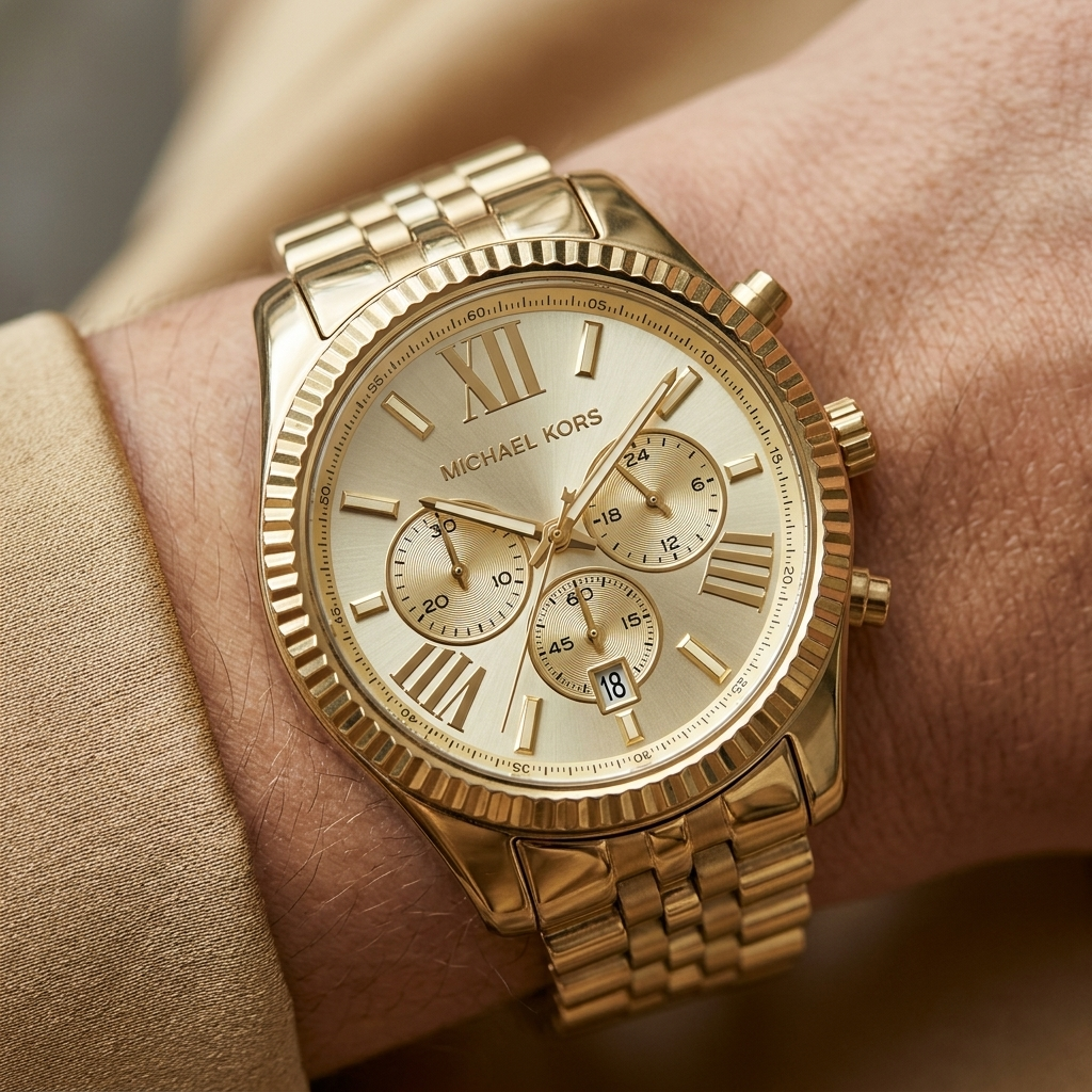 Close up of Michael Kors Lexington MK5556 women's quartz battery watch on wrist showing gold sunray dial and gold metal bracelet