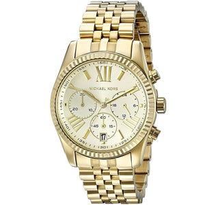Left angled view of Michael Kors Lexington MK5556 women's quartz battery watch showing gold stainless steel bracelet and case profile