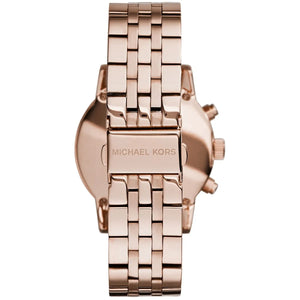 Caseback of Michael Kors Ritz MK6077 showing technical specs rose gold dial and rose gold metal bracelet