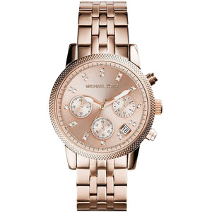 Michael Kors Ritz MK6077 women's watch with rose gold sunray dial, crystal index markers, and rose gold stainless steel bracelet main view