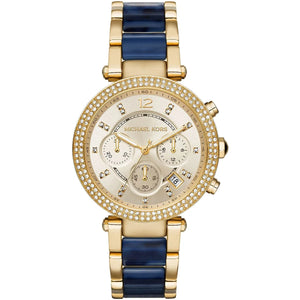 Michael Kors Parker MK6238 women's quartz battery watch with champagne dial, navy blue acetate and gold bracelet, double crystal bezel main view