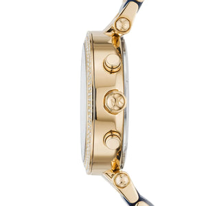 Side profile of Michael Kors Parker MK6238 women's quartz battery watch showing 11mm thickness and gold finish