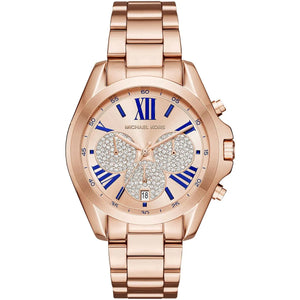 Michael Kors Bradshaw MK6321 women's quartz battery watch with rose gold pavé crystal dial, navy blue Roman numerals, rose gold stainless steel bracelet main view