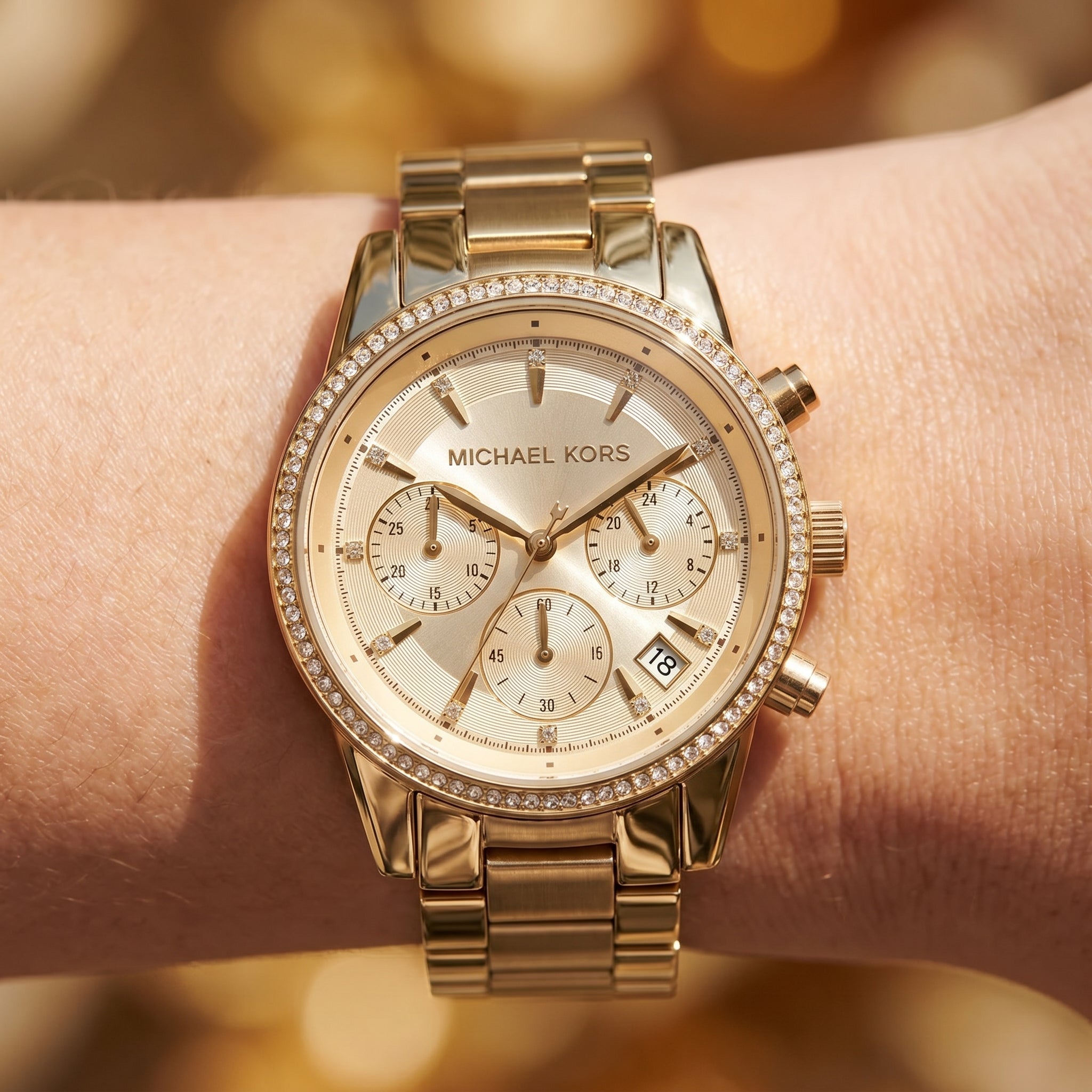 Close up shot of MK6356 highlighting the gold dial with multifunction counters and crystal markers