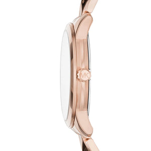 Side profile of Michael Kors Runway MK6671 showing 8mm thickness and rose gold finish with 50m water resistance