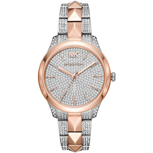Michael Kors Runway Mercer MK6716 women's quartz battery watch with full pavé crystal dial, two-tone silver and rose gold case, two-tone crystal-set bracelet main view