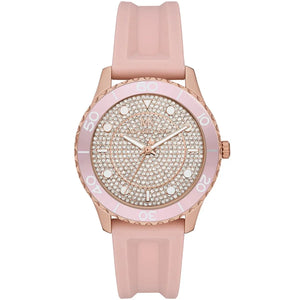 Michael Kors Runway MK6854 women's quartz battery watch with full pavé crystal dial, rose gold-tone case, pink rubber strap main view