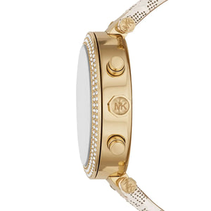 Detail photo of the gold-tone crown and pushers on the Michael Kors MK6916 watch