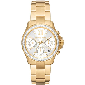 Michael Kors Everest MK7212 women's quartz battery watch with white dial, baguette crystal-encrusted gold bezel, gold stainless steel bracelet main view