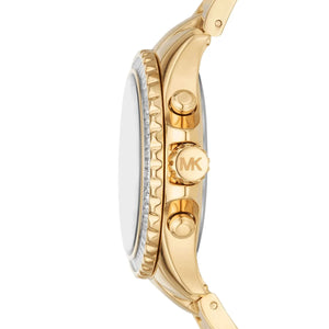 Side profile of Michael Kors Everest MK7212 women's quartz battery watch showing 11mm thickness and gold finish