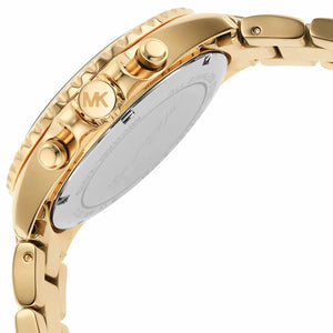 Side profile of Michael Kors Everest MK7212 women's quartz battery watch showing 11mm thickness and gold finish